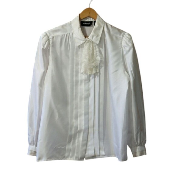 Nilani Vintage White High Neck Modest Ascot Hidden Button Pleated Blouse 11/12 - Picture 1 of 14